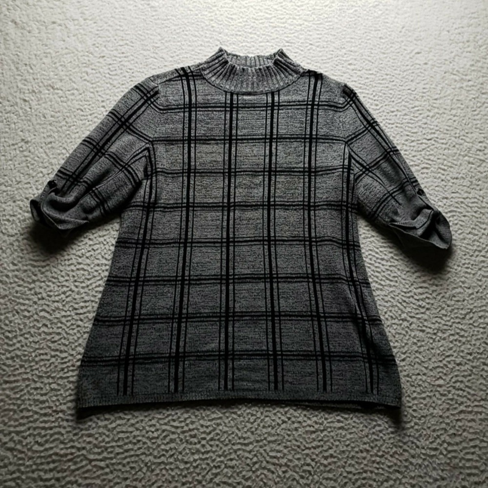 Style&co. Sweater Womens Large Gray Mock Neck 3/4 Sleeve Plaid Knit Pullover